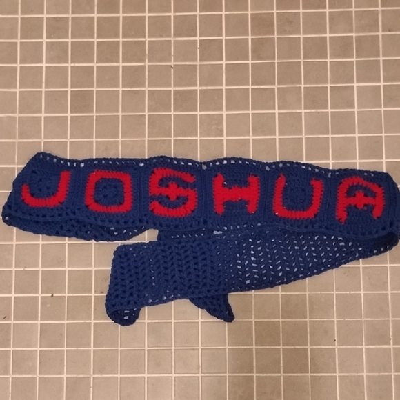 Blue Crochet Scarf with Red JOSHUA Letters
